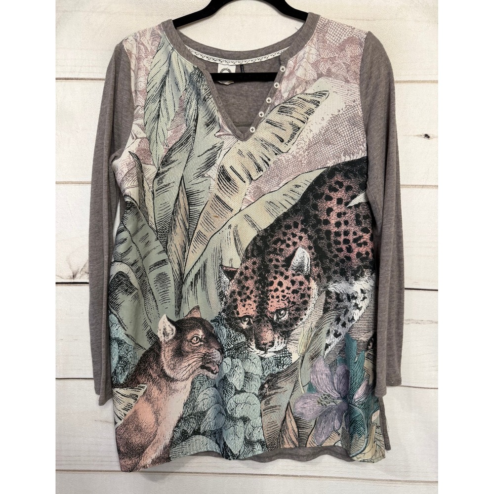 AKEMI KIN Anthropologie Leopard Jungle Print Long Sleev Henley Tunic Top Women S